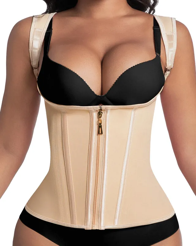 Waist Trainer for Women for Daily Wear, Faja Body Shaper Corset with Zipper and Adjustable Shoulder Straps, Faja Colombians, 2XL Apricot