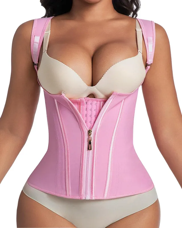 Waist Trainer for Women for Daily Wear, Faja Body Shaper Corset with Zipper and Adjustable Shoulder Straps, XXL Pink