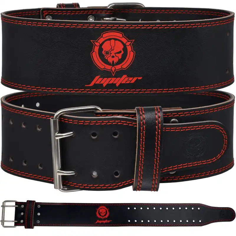 Weight lifting Belt (6mm Thick) - Genuine leather, offering back support. Double-pronged buckle, ideal for weightlifting, powerlifting, squats and deadlifts(Red L)
