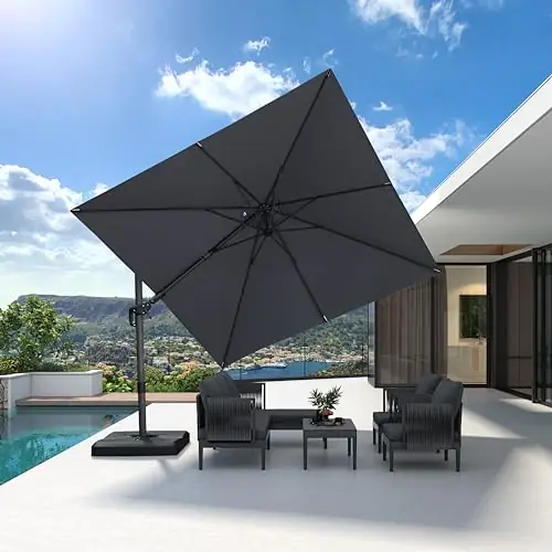 PURPLE LEAF 9.8‘ X 9.8‘ Left-right Tilting Patio Umbrella Outdoor Cantilever Swivel Square Umbrella Aluminum Offset Umbrella with 360-degree Rotation for Garden Deck Pool Patio Light Grey
