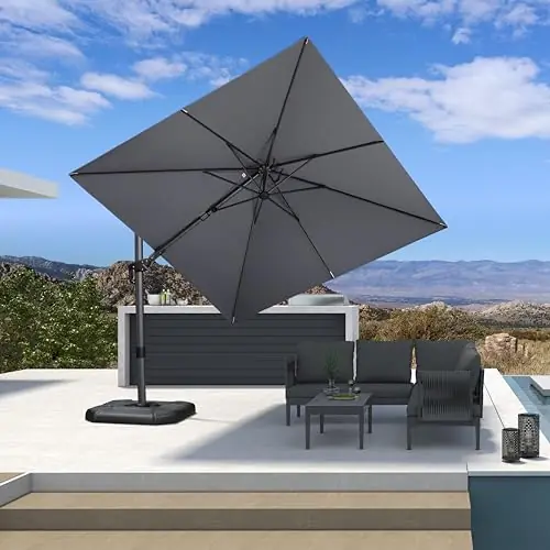 PURPLE LEAF 8.8‘ X 8.8‘ Left-right Tilt Patio Umbrella Outdoor Cantilever Swivel Square Umbrella with Tilt Aluminum Offset Umbrella with 360-degree Rotation for Garden Deck Pool Patio Light Grey