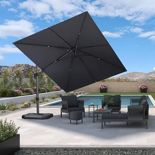 PURPLE LEAF 9‘ X 12‘ Left-right Tilt Patio Umbrella Outdoor Cantilever Swivel Rectangle Umbrella with Tilt Aluminum Offset Umbrella with 360-degree Rotation for Garden Deck Pool Patio Light Grey