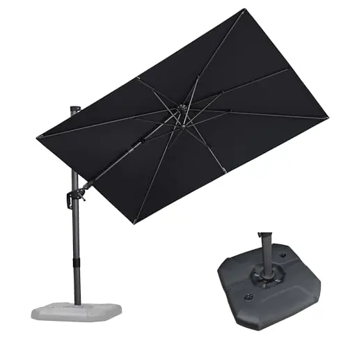 PURPLE LEAF 6.5‘ X 10‘ Right-left Tilt Patio Umbrella with Base Outdoor Cantilever Swivel Rectangle Umbrella Aluminum, Grey