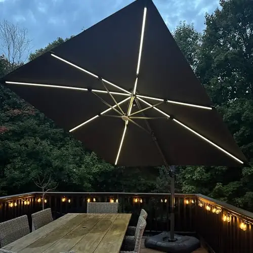 PURPLE LEAF 10 Feet Patio Umbrella with Base Outdoor Cantilever Solar Powered LED Swivel Square Umbrella, Grey