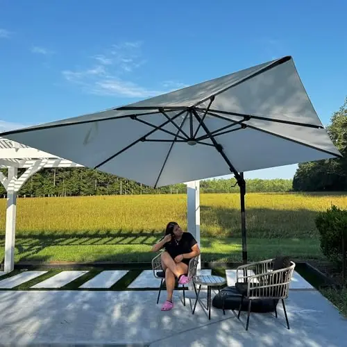 PURPLE LEAF 10 Feet Patio Umbrella with Base Outdoor Cantilever Solar Powered LED Swivel Square Umbrella, White