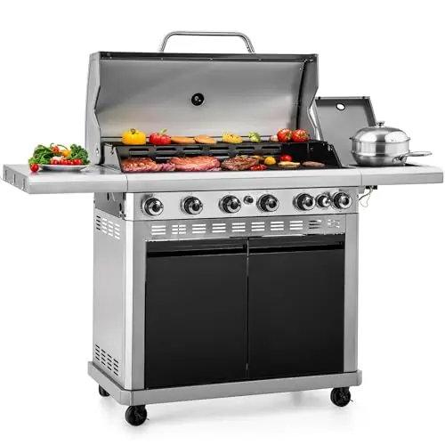 Sophia & William 6-Burner Propane Gas BBQ Grill with Side Burner & Porcelain-Enameled Cast Iron Grates, Gas Grill Griddle Combo, Black