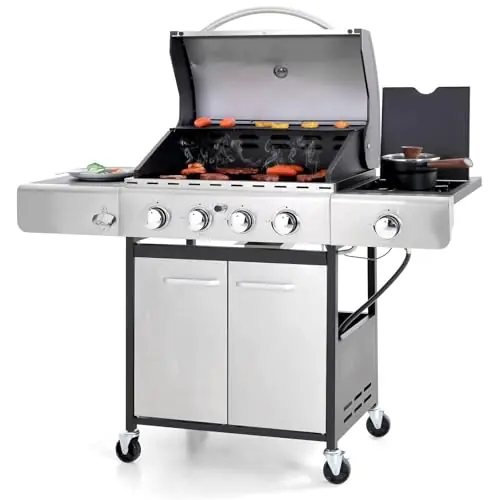 4-Burner Propane Gas BBQ Grill with Side Burner and Porcelain-Enameled Cast Iron Grates, Stainless Steel Barbecue Grills Outdoor Cooking, Silver Cabinet Style, 42,000BTU