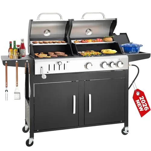 3 Burner Propane Gas and Charcoal Grill Combo with Side Burner & Porcelain-Enameled Cast Iron Grates, 37,000 BTUs 685 SQIN Dual Fuel Outdoor BBQ Grill