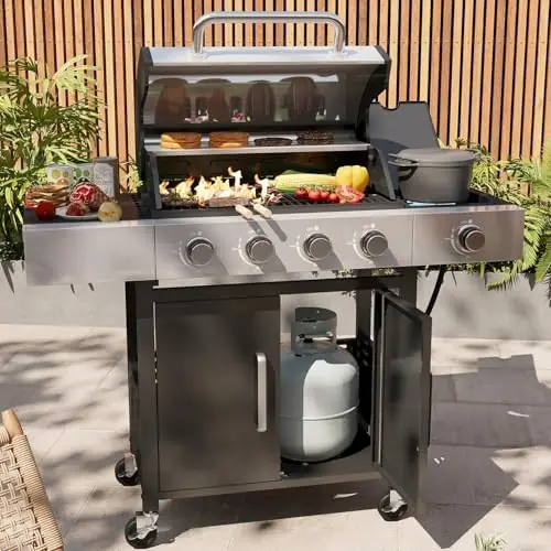 Aoxun 4-Burner Propane Grill with Side Burner, 49000 BTU Gas Grill, Stainless Steel Outdoor Grill with Cast Iron Grates,Black