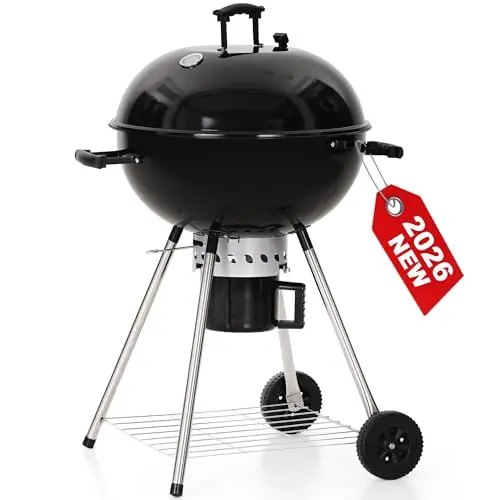 GREEN PARTY 22 inch Kettle Charcoal BBQ Grill with Wheels, Portable Charcoal Grill with Porcelain-Enameled Lid & Ash Catcher, Black