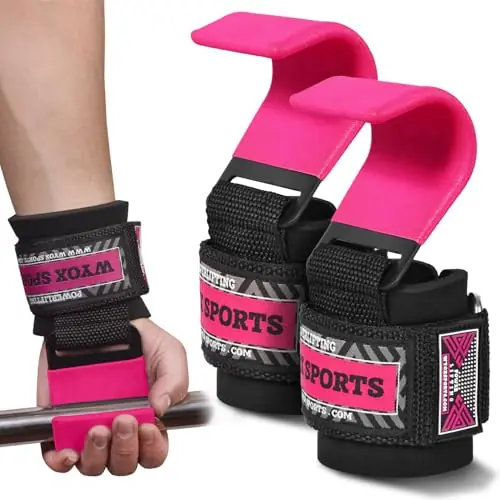 WYOX Weight Lifting Hooks for Men & Women (Pair) โ Heavy Duty Wrist Support Straps with Hooks for Deadlifts, Pull Ups, Shrugs โ Gym Lifting Straps with Grip
