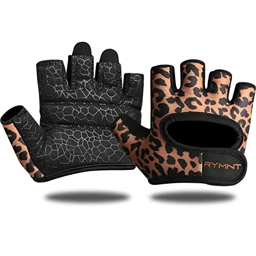 RYMNT Minimal Weight Lifting Gloves,Short Micro Workout Gloves Grip Pads with Full Palm Protection & Extra Grip, Leopard-Medium