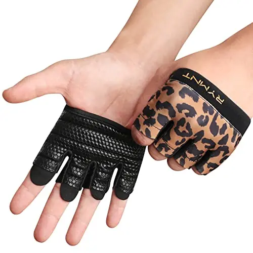 RYMNT Minimal Workout Gloves,Short Micro Weight Lifting Gloves Grip Pads with Full Palm Protection & Extra Grip, Leopard-Medium