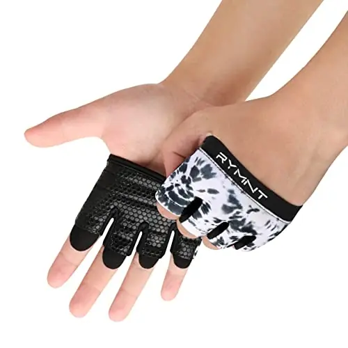 RYMNT Minimal Workout Gloves,Short Micro Weight Lifting Gloves Grip Pads with Full Palm Protection & Extra Grip, Tie Dye White.Large