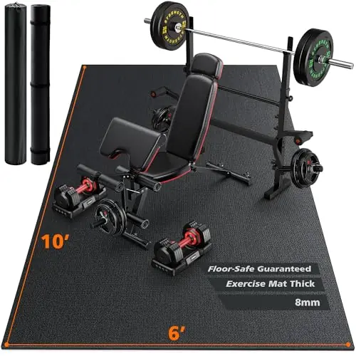 Rendpas Large Exercise Mat for Home Gym & Garage Flooring- 6‘x4‘ /7‘x5‘/10‘x6‘ (8mm), Non-Slip, High-Density & Shoe-Friendly Thick Workout Mats for Yoga