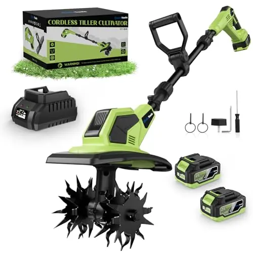 EnduTools Cordless Tiller Cultivator - 21V 360RPM Electric Garden Tiller with 2 * 4.0Ah Batteries & Fast Charger, 9In Tilling Width and 6.7In Depth