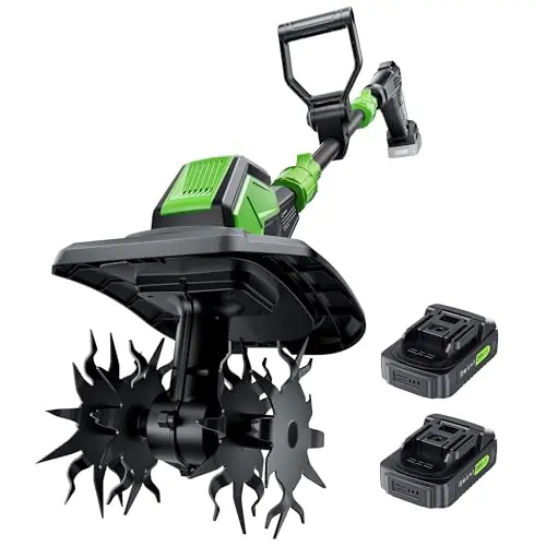 20V Cordless Tiller for Gardening, Electric Garden Tiller with 2 * 2.0Ah Batteries, 9" Width, 6.6" Depth, Lightweight 360RPM