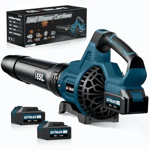GEVEELIFE Leaf Blower Cordless, 650CFM & 3 Speed Levels, Electric Cordless Leaf Blower with 2 * 5.0Ah Battery Powered, Blue Blowers