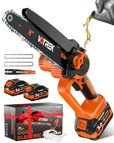 VOTREK® 8 inch Mini Chainsaw Cordless with 2x3.0AH Batteries - Powerful Brushless Electric Handheld Small Chain Saw for Wood Cutting