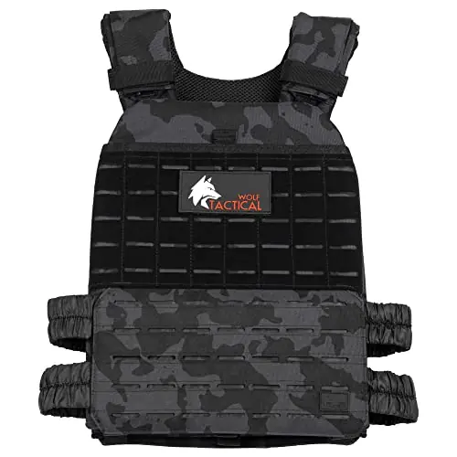 WOLF TACTICAL Adjustable Weighted Vest – WODs, Strength and Endurance Training, Fitness Workouts, Running (Black Camo)