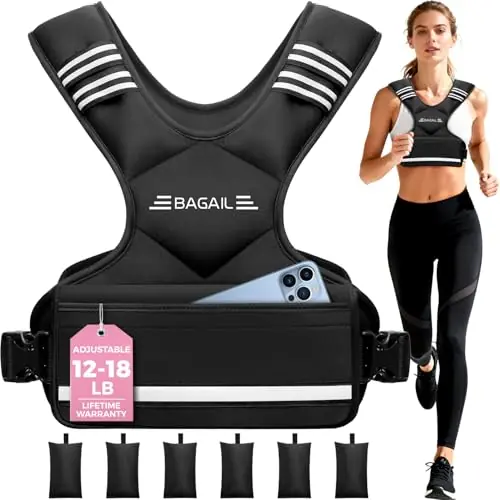 BAGAIL Adjustable Weighted Vest for Men & Women 12-18lb, Comfortable U-Neck Rucking Vest with 6 Removable Weights, Storage Pocket and Reflective Strips
