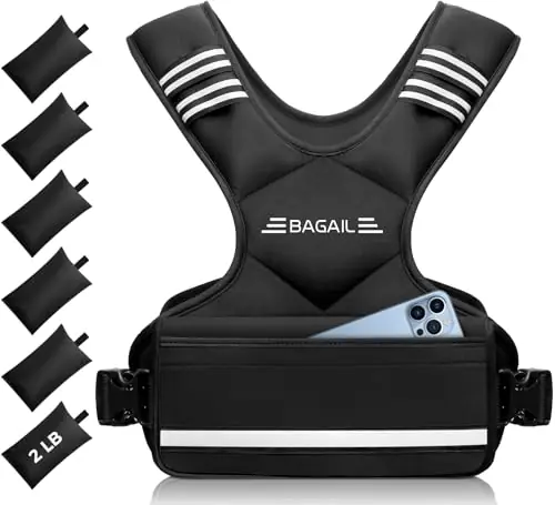 BAGAIL Adjustable Weighted Vest for Men 20-32lb, Comfortable U-Neck Rucking Vest with 6 Removable Weights, Storage Pocket and Reflective Strips, Black