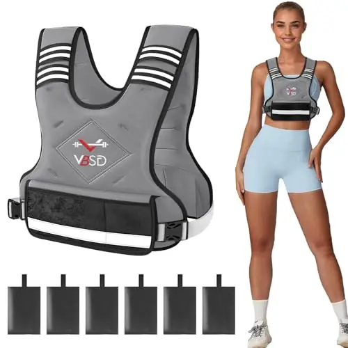 VBSD Adjustable Weighted Vest for Women Men 4-10LB Vest with 6 Ironsand Weights Body Weight Vest with Reflective Strip, Grey