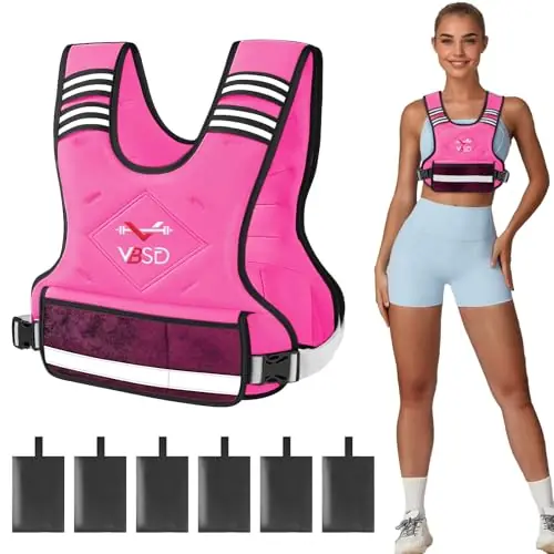 VBSD Adjustable Weighted Vest for Women Men 4-10LB Vest with 6 Ironsand Weights Body Weight Vest with Reflective Strip, Pink