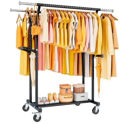 800LBS Heavy Duty Clothes Rack Rolling Clothing Rack for Hanging Coat Double Rods Portable Wardrobe Garment Racks with Wheels Shelf Sturdy