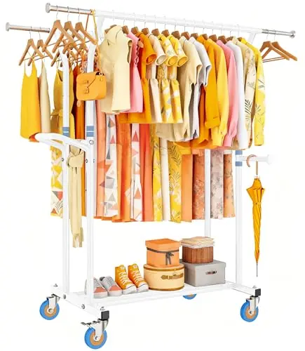 YGleeao Heavy Duty Clothes Rack for Hanging Clothing 800LBS Rolling Coat Racks Poartable Garment with Wheels Shelves Freestanding Sturdy Metal Adjustable