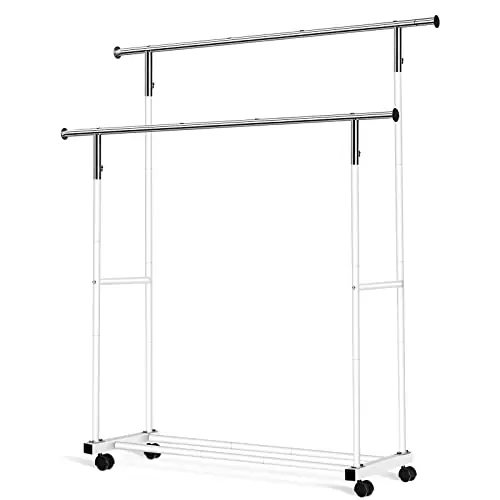 VICERII Double Clothing Rack, 55.51 Inch Garment Rack with Wheels and Bottom Shelf, 130LB Capacity Heavy Duty Rolling Clothes Racks , White