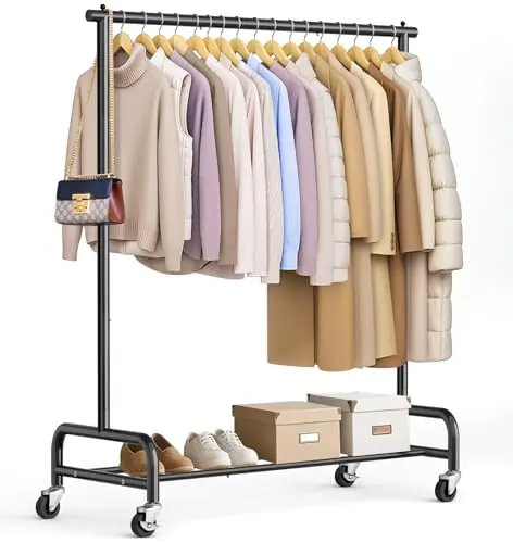 SLEEPING LAMB Heavy Duty Clothing Racks for Hanging Clothes Rack, 43" Wide Rolling Garment Rack Metal Clothing Hanger Rack with Wheels (Black)