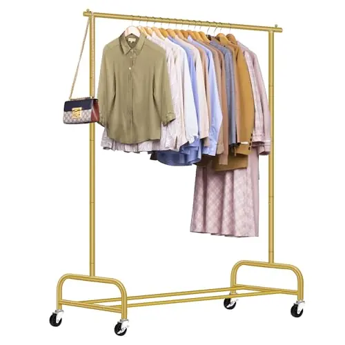 SLEEPING LAMB Heavy Duty Clothes Racks for Hanging Clothing Rack, 43" Wide Rolling Garment Rack Metal Wardrobe Rack with Wheels (Gold)