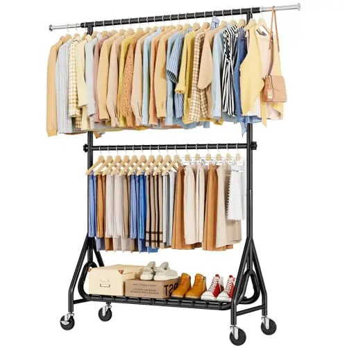 JIEJIERUI Double Rods Clothing Rack, Heavy Duty Clothes Rack for Hanging Clothes Load 560LBS, Metal Rolling Garment Racks, Black
