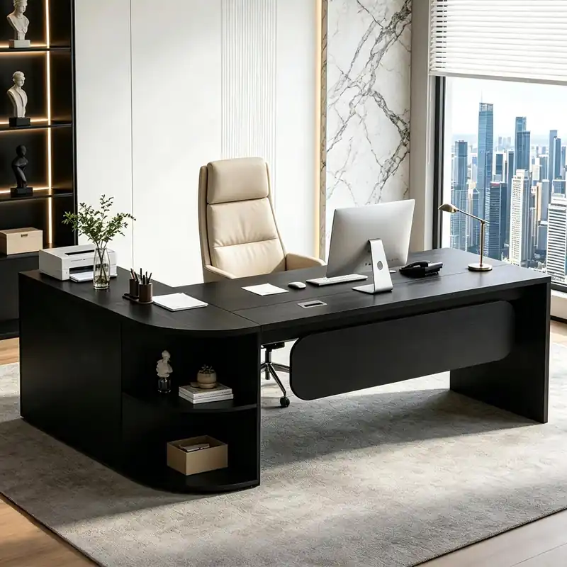 Executive L-Shaped Office Desk with Storage Shelves, Modern Executive Desk with Curved Edge