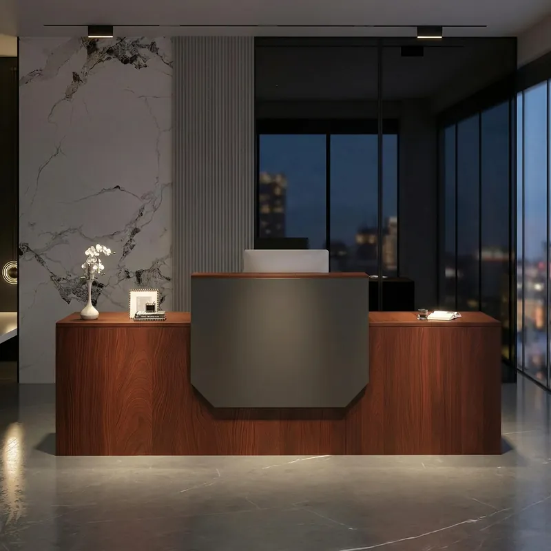 JFazzruit Large Reception Desk, 78.7" / 63" Wide Front Desk with Counter for Office Clothing Store Company Lobby Coffee Shop Long Receptionist Desk Modern Black (Walnut, 78.7‘‘L x 23.6‘‘W x 28.5‘‘H)