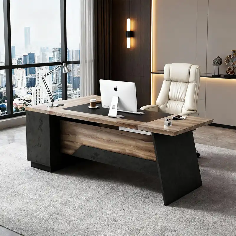 Office Desk with Drawers & Built-in Power Access, Large Executive Workstation with Storage Cabinet