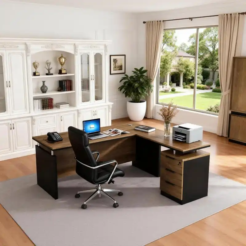 63” L Shaped Executive Desk with Locking Drawer & Privacy Panel, Solid One-Piece Office Desk