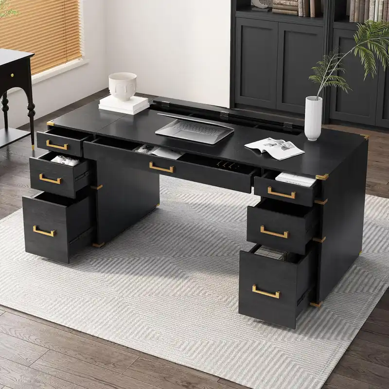 Merax 70" Traditional Executive Desk with Metal Edge Trim, Classic Writing Desk with 2 File Drawers