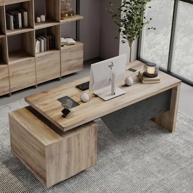 Modern Executive Desk with Storage Cabinet, Configurable Length 62.99" or 70.87", Large Office Desk with 2 Drawers, Home Office Desk with Reversible Cabinet &Cable Management (Mahogany, Right)