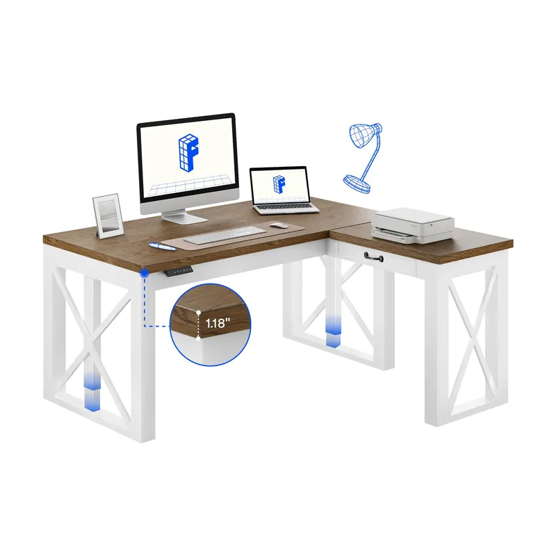 L-Shaped Executive Electric Standing Desk, 55"x48" Wood Farmhouse Home Office
