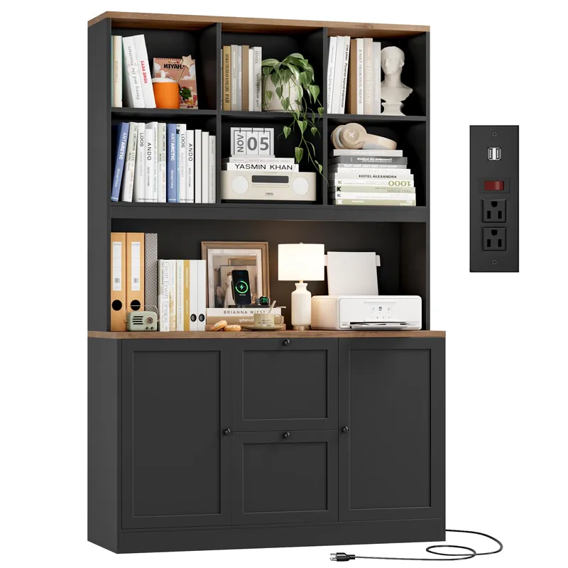 Tall File Bookcase with Power Outlet & Printer Stand, 2 Drawer Filing Cabinets for Home Office Fit Hanging A4 File