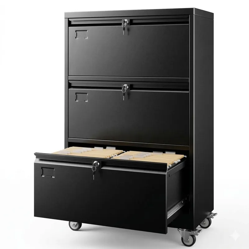 3 Drawer Lateral File Cabinet with Wheels, Lockable Metal Filing Cabinet for Home Office