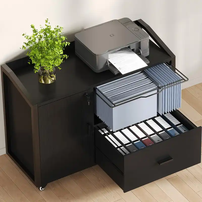 HSH File Cabinet with Wheels with Locks,Black Mobile Filing Cabinet for Legal/Letter Size, Wood Metal Printer Stand with Shelves