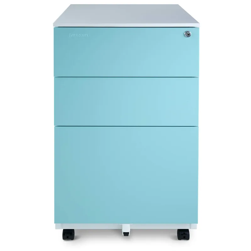 File Cabinet 3-Drawer Metal with Lock Key Sliding Drawer, White/Aqua Blue, Fully Assembled