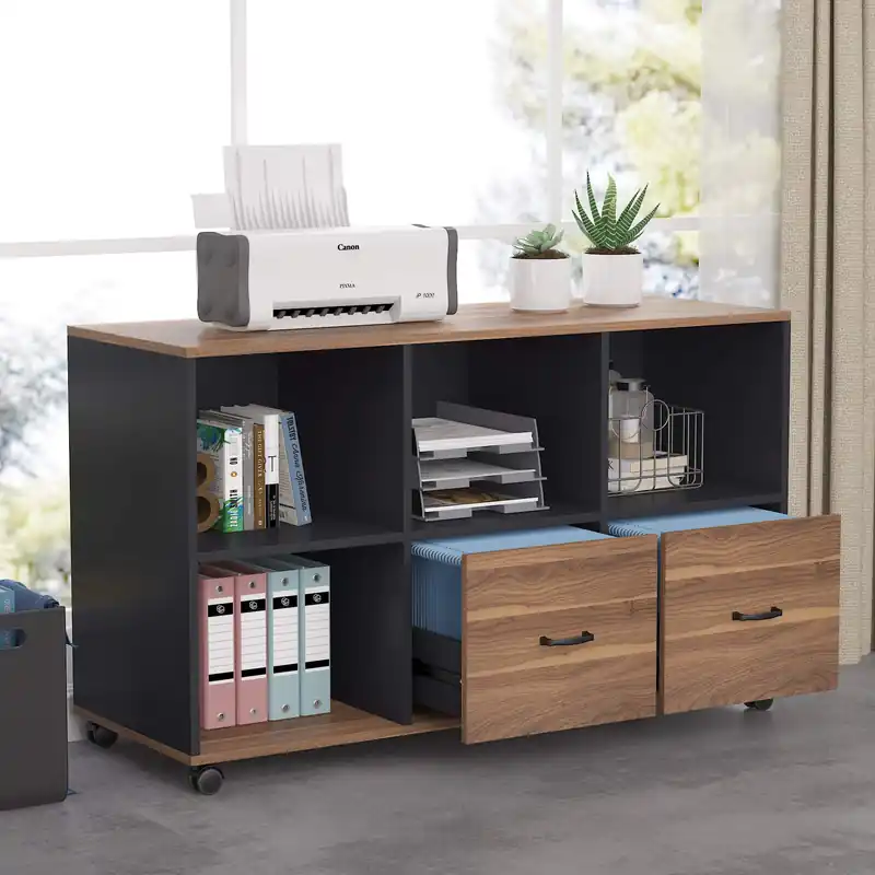 2 Drawers Lateral File Cabinets, Home Office 43-inch Mobile Wood Cabinet Credenza Printer Stand with Wheels and Open Storage Shelves