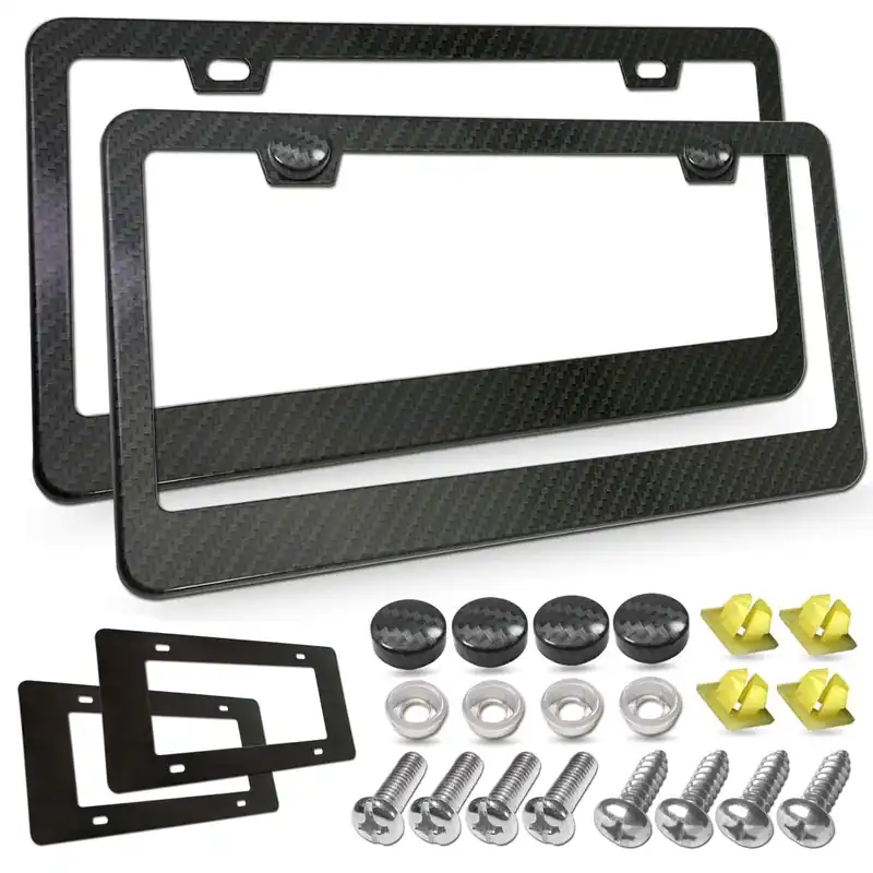 Carbon Fiber License Plate Frame- Black Aluminum Auto Car Tag Cover, 2 Pack Heavy Duty Holder for US Front and Rear Plate, with Mounting Hardware Kit- Screws Bolts, Inserts, Caps, Rattle Proof Pads