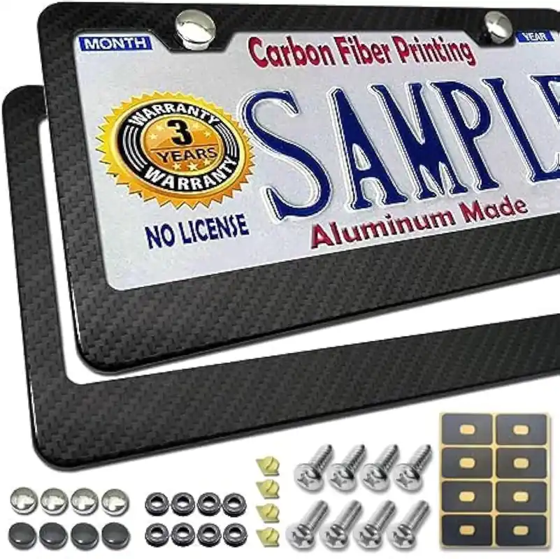 BGGTMO License Plate Frame Carbon Fiber- Black Aluminum Car Tag Frame Holder Printed Carbon Pattern with Rust Proof License Plate Screws and Black & Chrome Caps