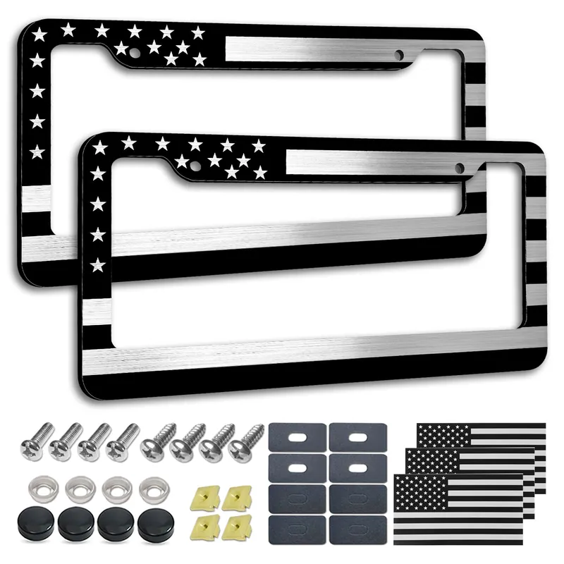 NJNYLLC American Flag License Plate Frame- Black Front Rear Patriotic USA ‌Car Tag Frames, 2 Pack Heavy Duty Brushed Aluminum Plastic Composite Holder with Screws Caps