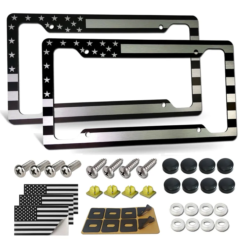 NJNYLLC American Flag License Plate Frame- Black Front Rear Patriotic USA ‌Car Tag Frames, 2 Pack Heavy Duty Brushed Aluminum Plastic Composite Holder with Screws Caps